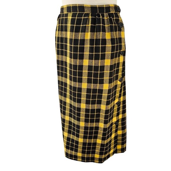 Synonyme 70s Yellow Black Plaid Wool Midi Skirt Size S Side Buttons French Made - Picture 10 of 11